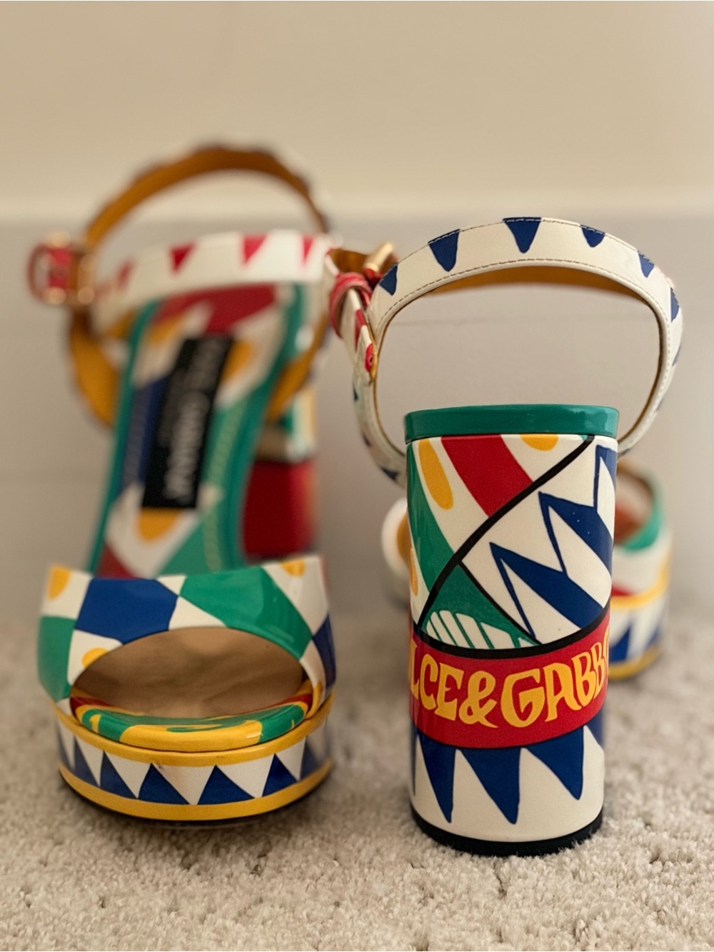 Dolce & Gabbana White Multicolor Geometric Platform Sandals